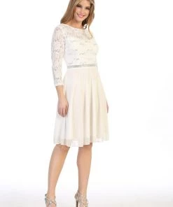 Short Lace Bodice Dress With Long Sleeves By Celavie 6305-S 32 Short Lace Bodice Dress With Long Sleeves By Celavie 6305-S
