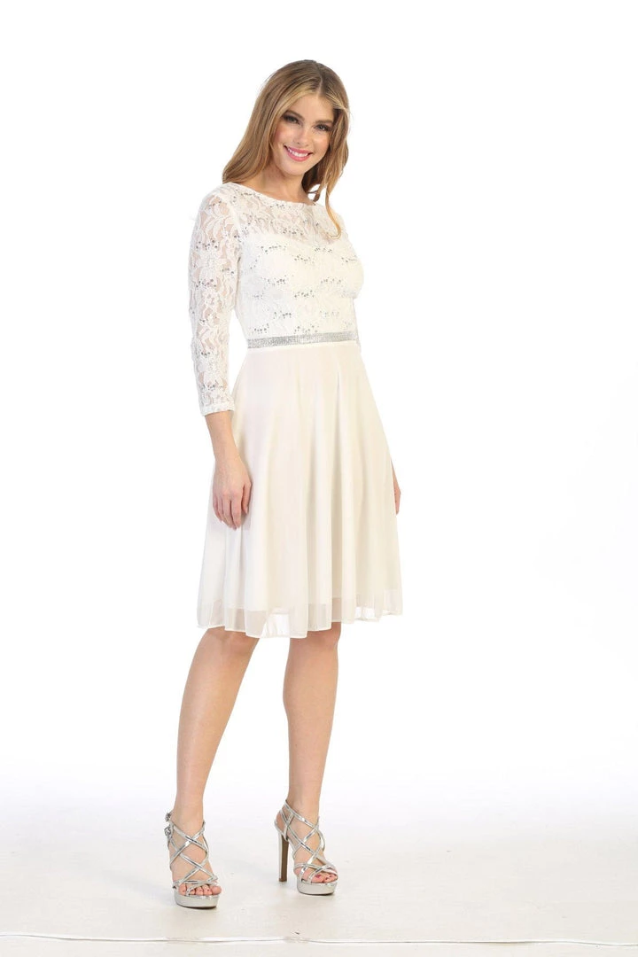 Short Lace Bodice Dress With Long Sleeves By Celavie 6305-S 12 Short Lace Bodice Dress With Long Sleeves By Celavie 6305-S