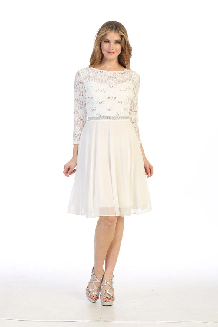 Short Lace Bodice Dress With Long Sleeves By Celavie 6305-S 11 Short Lace Bodice Dress With Long Sleeves By Celavie 6305-S