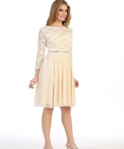 Short Lace Bodice Dress With Long Sleeves By Celavie 6305-S 36 Short Lace Bodice Dress With Long Sleeves By Celavie 6305-S