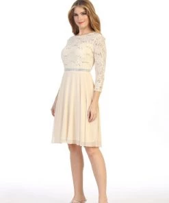 Short Lace Bodice Dress With Long Sleeves By Celavie 6305-S 35 Short Lace Bodice Dress With Long Sleeves By Celavie 6305-S