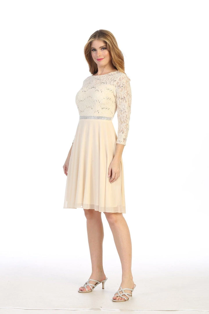 Short Lace Bodice Dress With Long Sleeves By Celavie 6305-S 15 Short Lace Bodice Dress With Long Sleeves By Celavie 6305-S