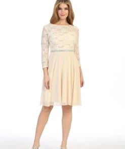 Short Lace Bodice Dress With Long Sleeves By Celavie 6305-S 33 Short Lace Bodice Dress With Long Sleeves By Celavie 6305-S