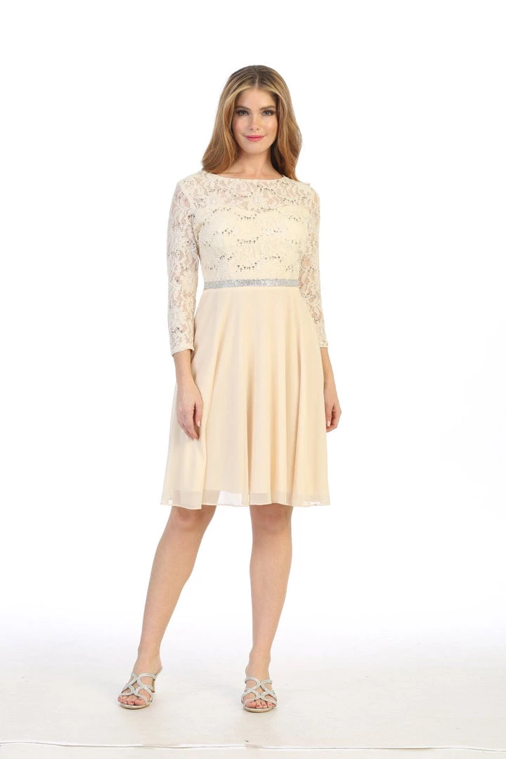 Short Lace Bodice Dress With Long Sleeves By Celavie 6305-S 13 Short Lace Bodice Dress With Long Sleeves By Celavie 6305-S