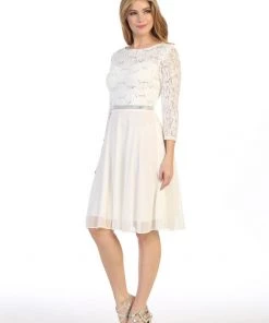Short Lace Bodice Dress With Long Sleeves By Celavie 6305-S 28 Short Lace Bodice Dress With Long Sleeves By Celavie 6305-S