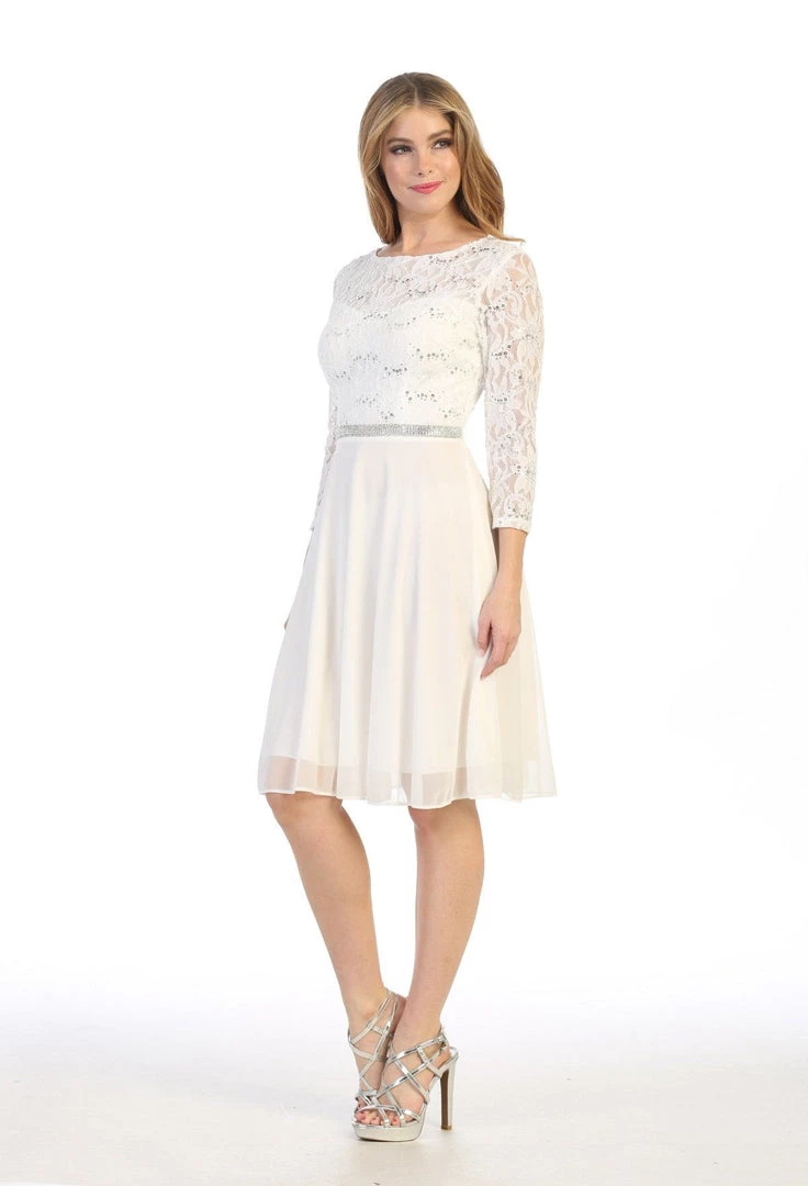 Short Lace Bodice Dress With Long Sleeves By Celavie 6305-S 8 Short Lace Bodice Dress With Long Sleeves By Celavie 6305-S