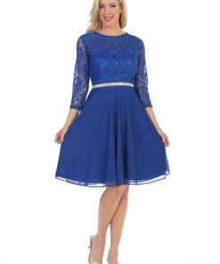 Short Lace Bodice Dress With Long Sleeves By Celavie 6305-S 26 Short Lace Bodice Dress With Long Sleeves By Celavie 6305-S