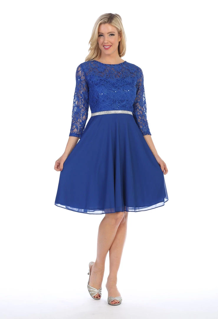 Short Lace Bodice Dress With Long Sleeves By Celavie 6305-S 6 Short Lace Bodice Dress With Long Sleeves By Celavie 6305-S