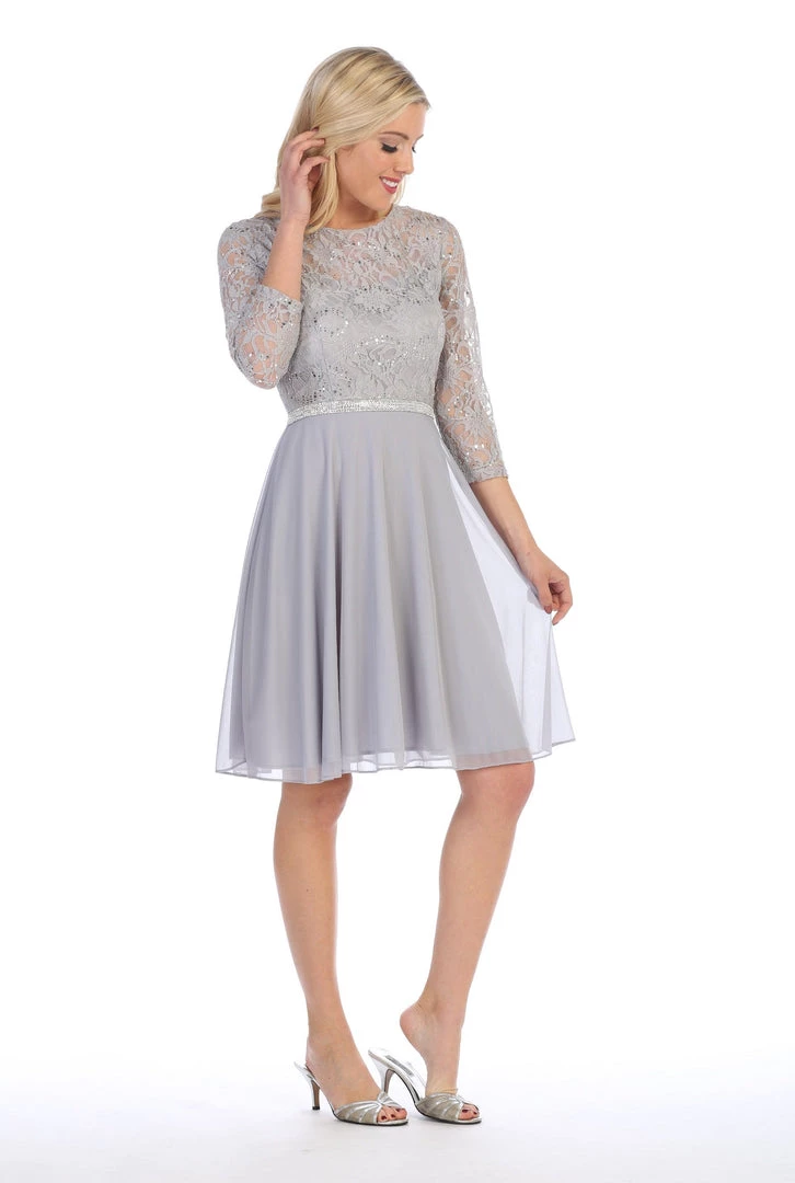 Short Lace Bodice Dress With Long Sleeves By Celavie 6305-S 3 Short Lace Bodice Dress With Long Sleeves By Celavie 6305-S