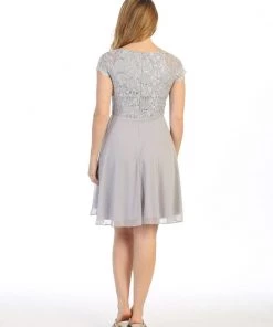 Short Lace Bodice Dress With Short Sleeves By Celavie 6394S Prom