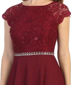 Short Lace Bodice Dress With Short Sleeves By Celavie 6394S Prom