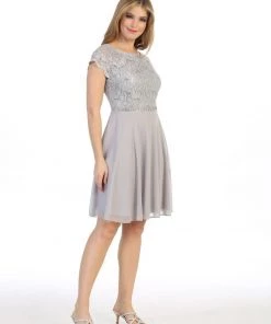 Short Lace Bodice Dress With Short Sleeves By Celavie 6394S Prom