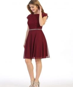 Short Lace Bodice Dress With Short Sleeves By Celavie 6394S Prom