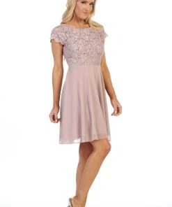 Short Lace Bodice Dress With Short Sleeves By Celavie 6394S Prom