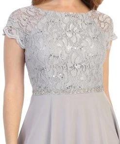 Short Lace Bodice Dress With Short Sleeves By Celavie 6394S Prom