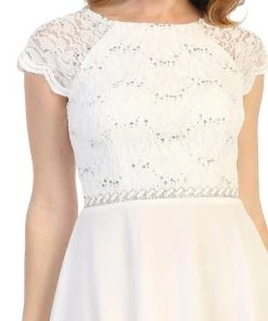 Short Lace Bodice Dress With Short Sleeves By Celavie 6394S Prom