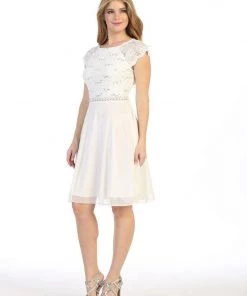 Short Lace Bodice Dress With Short Sleeves By Celavie 6394S Prom