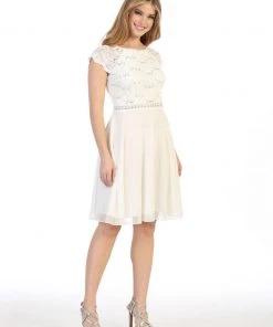 Short Lace Bodice Dress With Short Sleeves By Celavie 6394S Prom