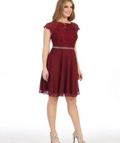 Short Lace Bodice Dress With Short Sleeves By Celavie 6394S Prom