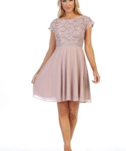 Short Lace Bodice Dress With Short Sleeves By Celavie 6394S Prom