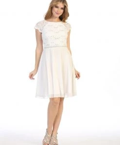 Short Lace Bodice Dress With Short Sleeves By Celavie 6394S Prom