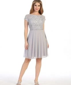 Short Lace Bodice Dress With Short Sleeves By Celavie 6394S Prom