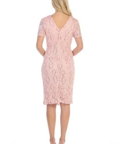 Short Lace V-Neck Dress With Short Sleeves By Celavie 6038 Bridesmaid Dresses