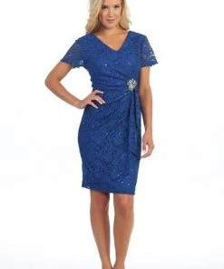 Short Lace V-Neck Dress With Short Sleeves By Celavie 6038 Bridesmaid Dresses