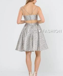 Short Metallic Brocade Dress With Cut Out Back By Poly USA 8364 Prom