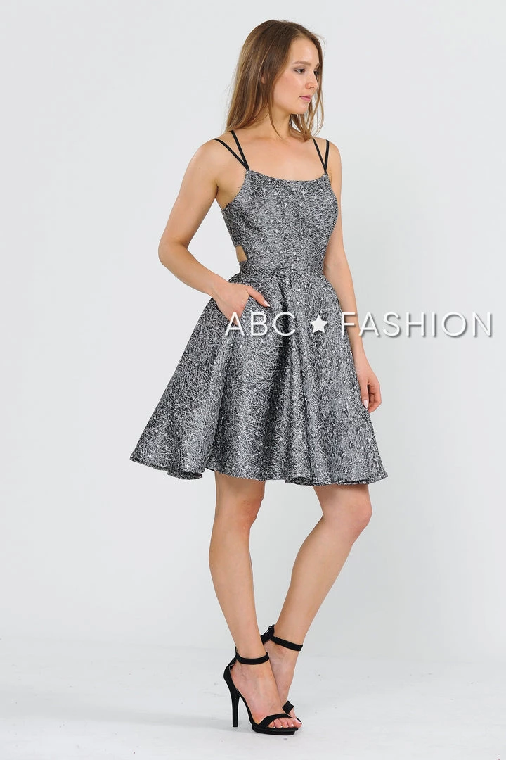 Short Metallic Brocade Dress With Cut Out Back By Poly USA 8364 Prom 9 Short Metallic Brocade Dress With Cut Out Back By Poly USA 8364 Prom