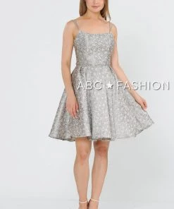 Short Metallic Brocade Dress With Cut Out Back By Poly USA 8364 Prom