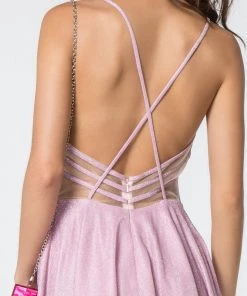 Short Metallic Dress With Illusion V-Neckline By Elizabeth K GS2839 Prom