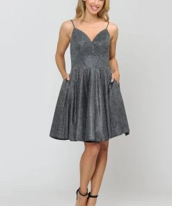 Short Metallic Glitter Dress With A-line Skirt By Poly USA 8530 Prom 24 Short Metallic Glitter Dress With A-line Skirt By Poly USA 8530 Prom