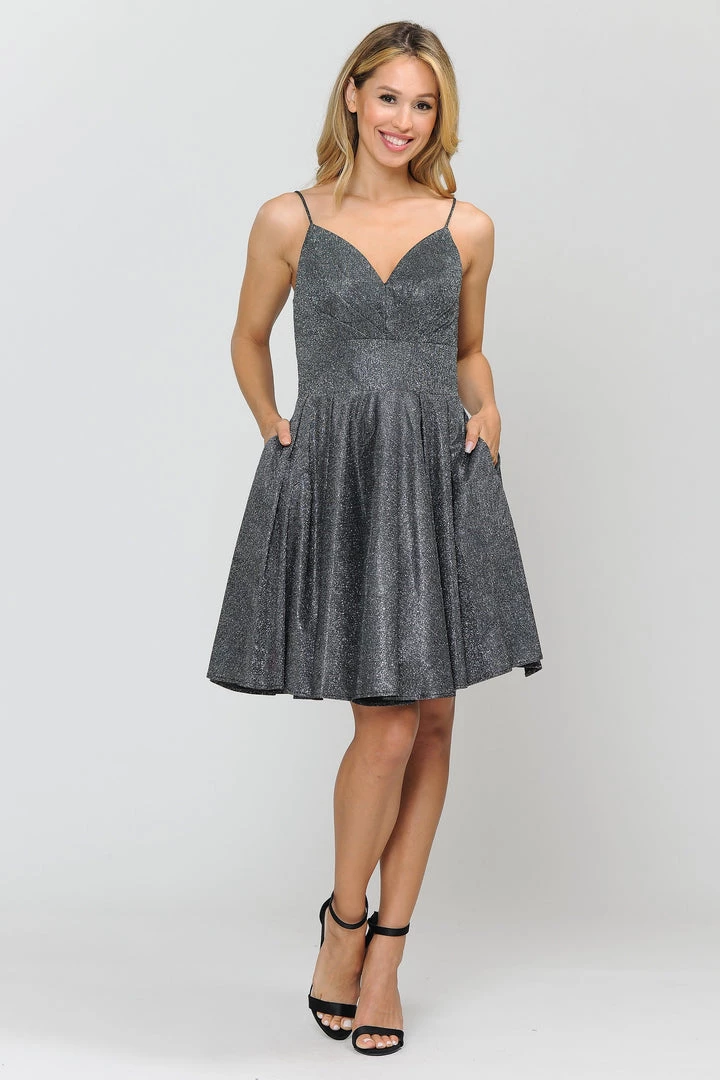 Short Metallic Glitter Dress With A-line Skirt By Poly USA 8530 Prom 13 Short Metallic Glitter Dress With A-line Skirt By Poly USA 8530 Prom