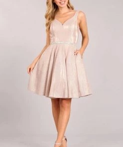 Short Metallic Glitter V-Neck Dress By Cinderella Couture