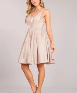 Short Metallic Glitter V-Neck Dress By Cinderella Couture