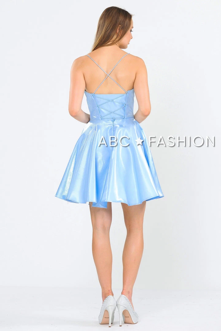 Short Metallic V-Neck Dress With Open Back By Poly USA 8306 Prom 8 Short Metallic V-Neck Dress With Open Back By Poly USA 8306 Prom