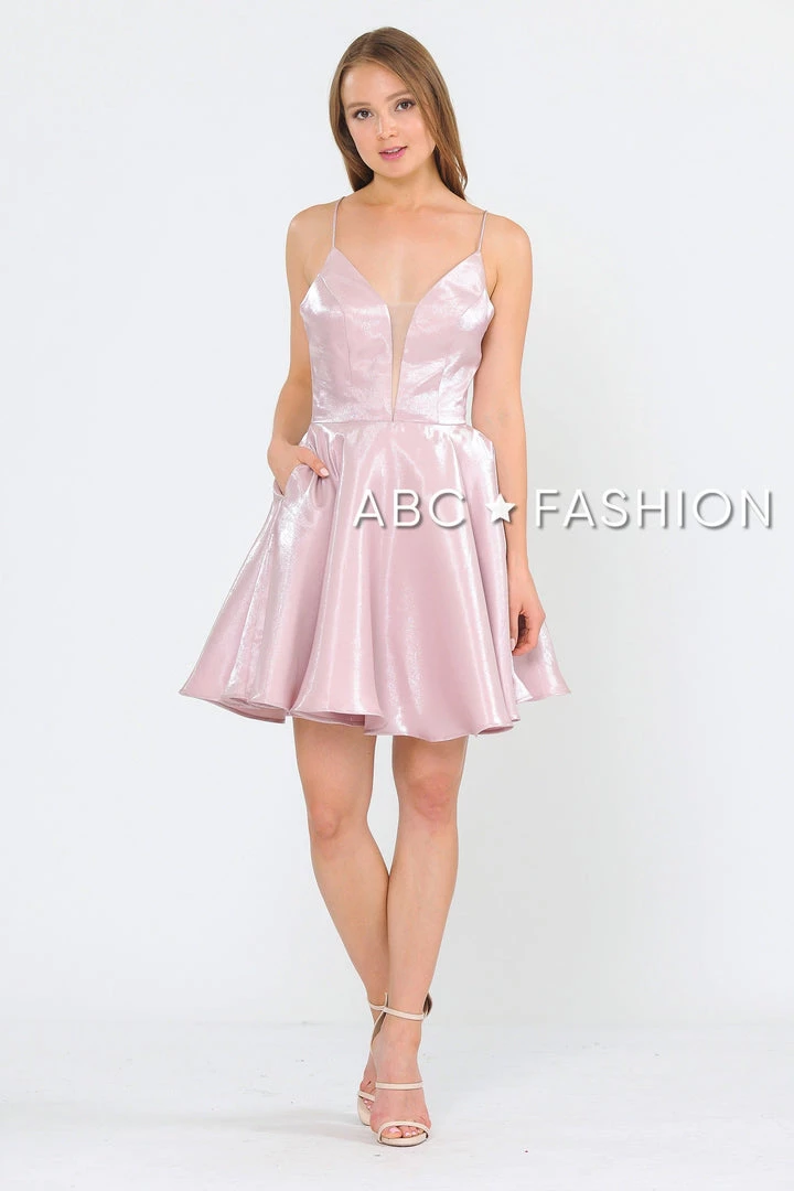 Short Metallic V-Neck Dress With Open Back By Poly USA 8306 Prom 3 Short Metallic V-Neck Dress With Open Back By Poly USA 8306 Prom