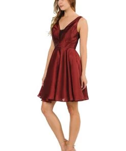 Short Metallic V-Neck Dress With Pockets By Poly USA 9018 Prom