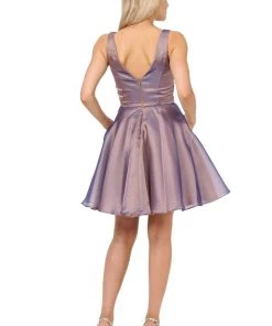 Short Metallic V-Neck Dress With Pockets By Poly USA 9018 Prom