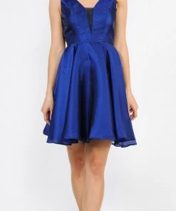 Short Metallic V-Neck Dress With Pockets By Poly USA 9018 Prom