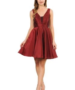 Short Metallic V-Neck Dress With Pockets By Poly USA 9018 Prom