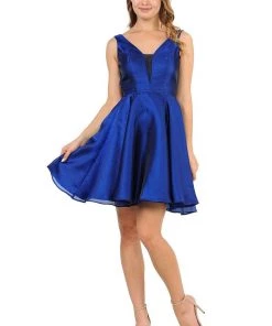 Short Metallic V-Neck Dress With Pockets By Poly USA 9018 Prom