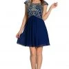 Short Navy Blue Cap Sleeve Dress With Jeweled Bodice By Poly USA Prom