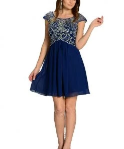 Short Navy Blue Cap Sleeve Dress With Jeweled Bodice By Poly USA Prom