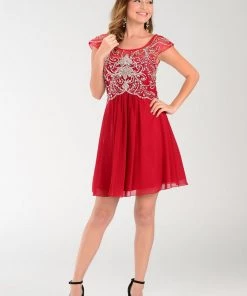 Short Navy Blue Cap Sleeve Dress With Jeweled Bodice By Poly USA Prom