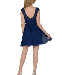Short Navy Blue Chiffon Dress With Lace Bodice By Poly USA