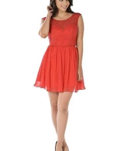 Short Navy Blue Chiffon Dress With Lace Bodice By Poly USA