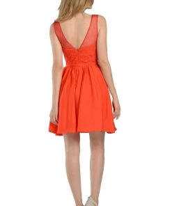 Short Navy Blue Dress With Illusion Lace Bodice By Poly USA Prom