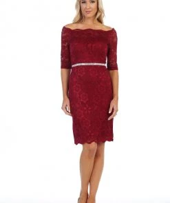 Short Off Shoulder Lace Dress With Beaded Waist By Celavie 6390S Prom